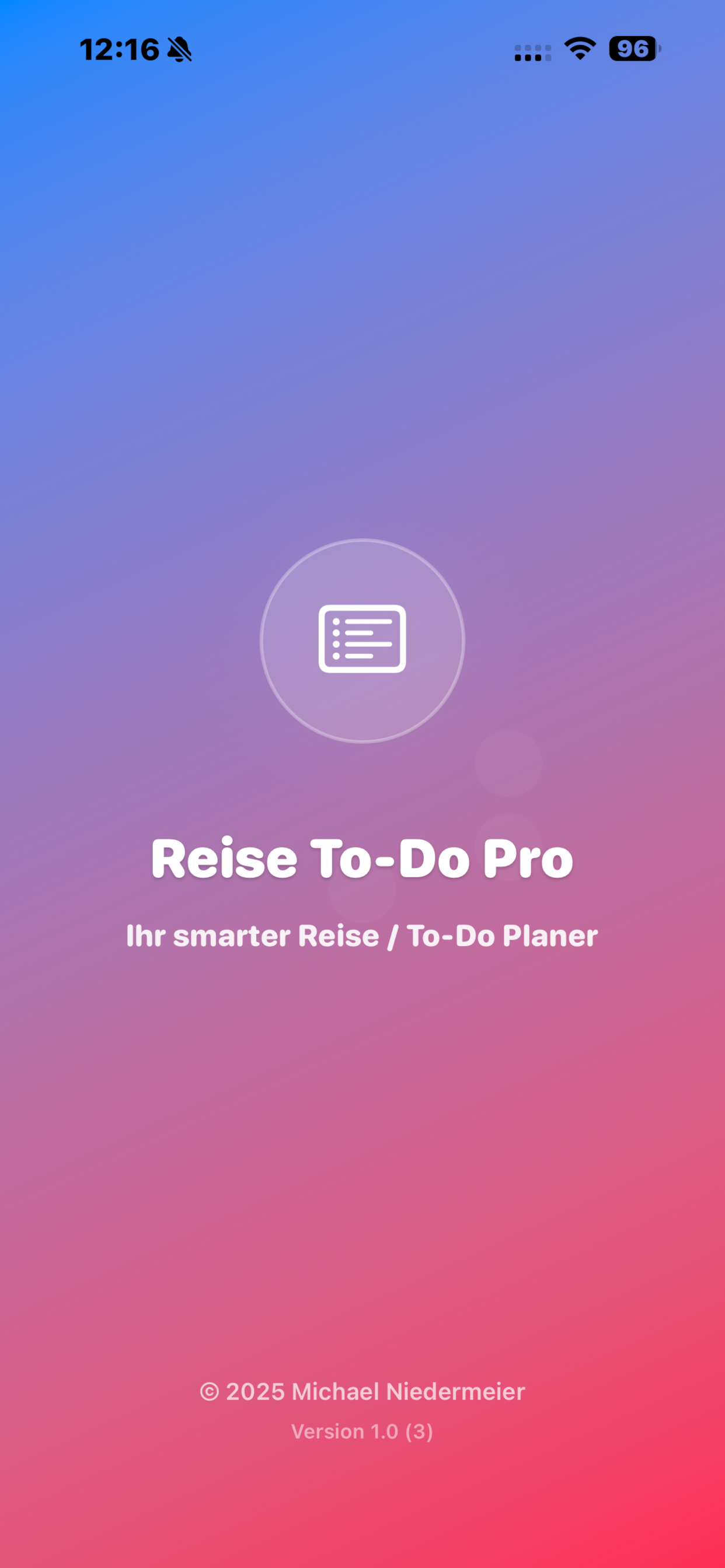 Reise To-Do Pro - Startbildschirm